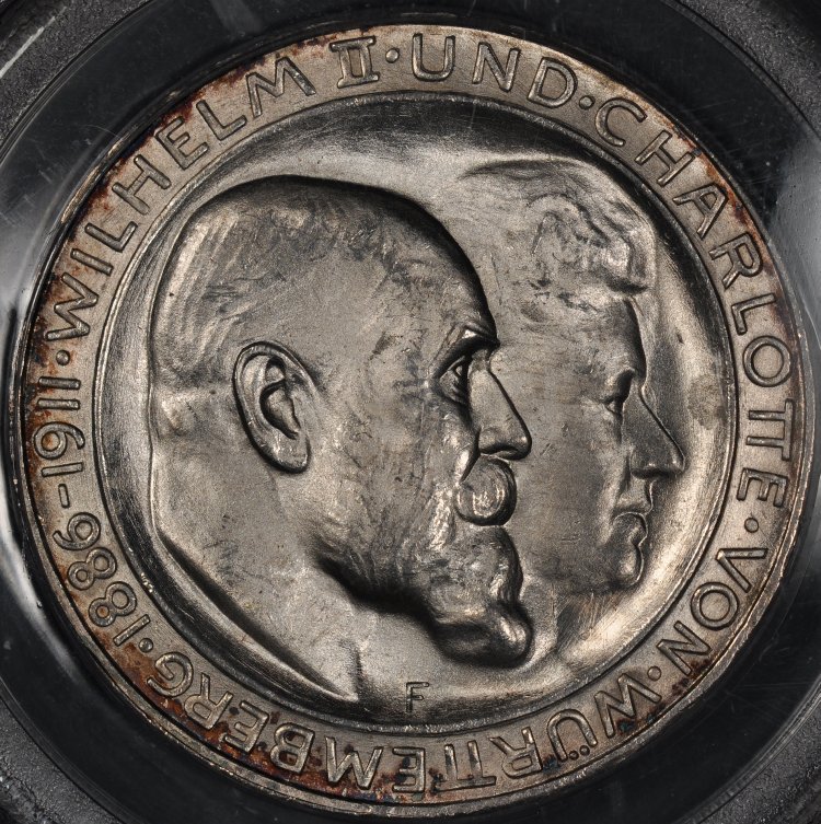 1911 F PCGS MS65 GERMAN STATES WURTTEMBERG 3 MARK WEDDING ANNIVERSARY 